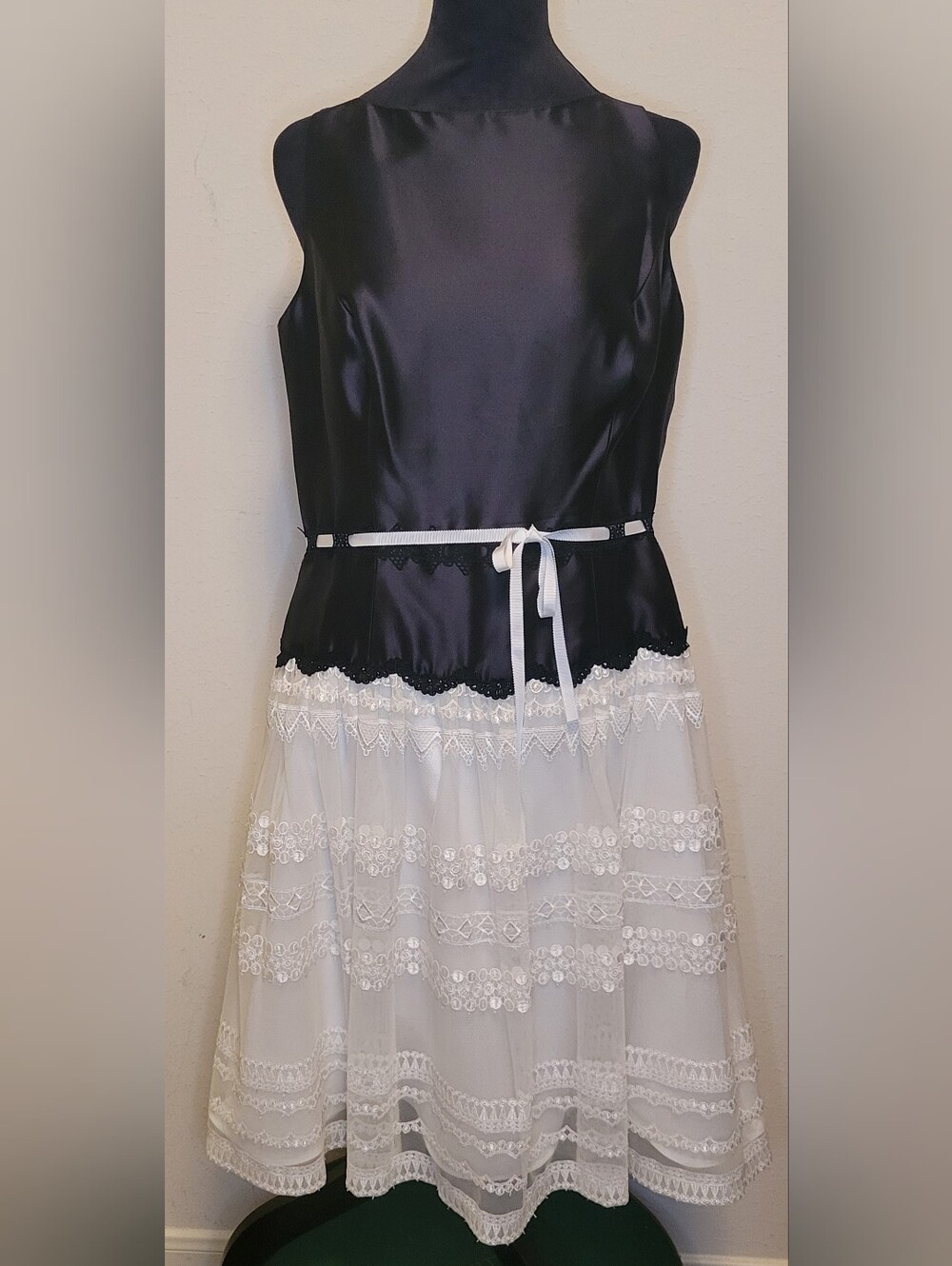 Chetta B Navy Satin Bodice with White Lace Tiered Skirt and Ribbon Waist